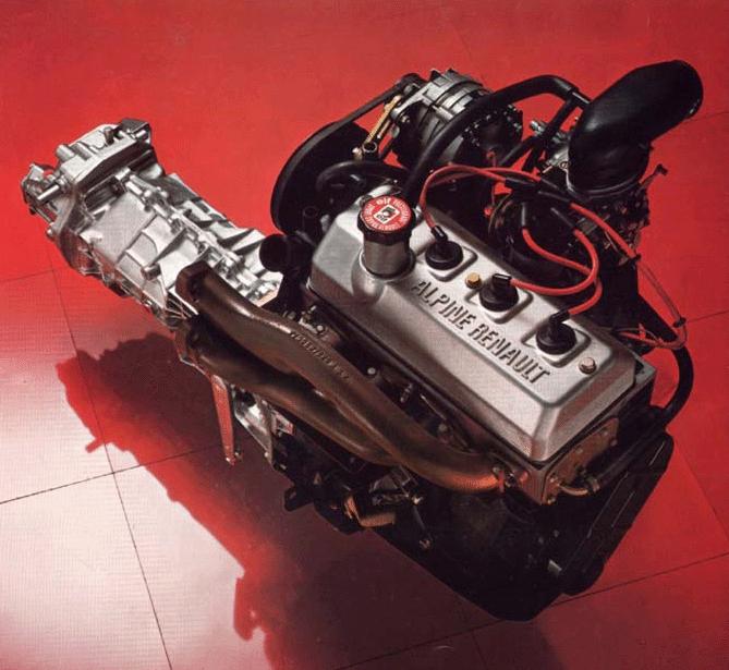 Image publicitaire de l'époque montrant un moteur Cléon Fonte de Renault Alpine.