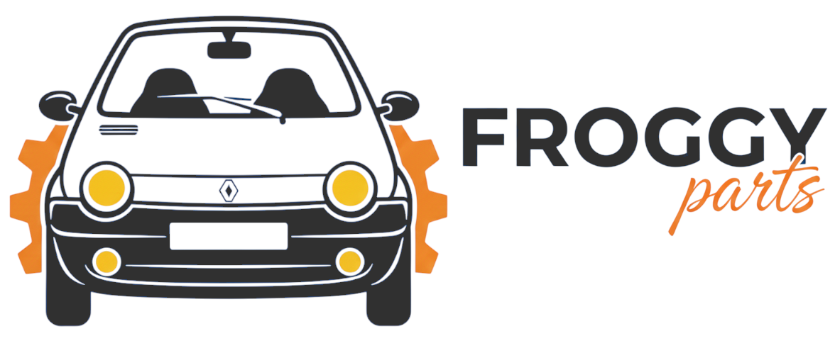 Logo de FroggyParts : une Renault Twingo 1 de face entourée d'un engrenage mécanique orange